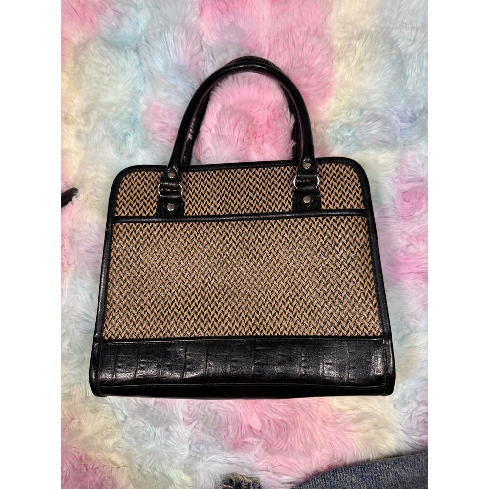 Marlo Heart Hardware Woven Satchel Handbag Black Tan - Picture 3 of 16